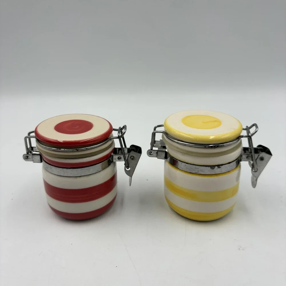 Striped Ceramic Jam Jars Set Of 2 Red‎ Yellow Clamp Lid Airtight Kitchen Storage
